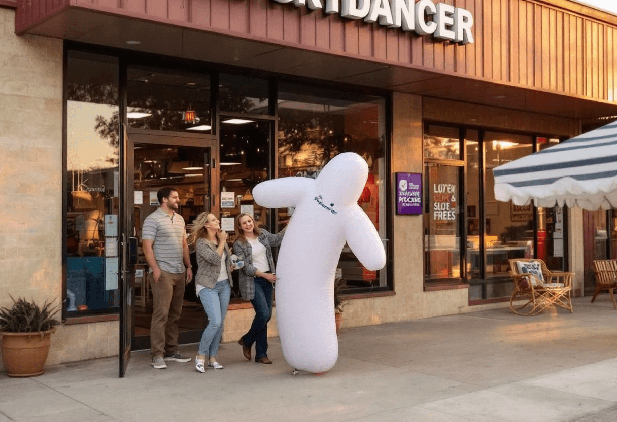 Skydancer gonflable au coucher du soleil devant une vitrine.